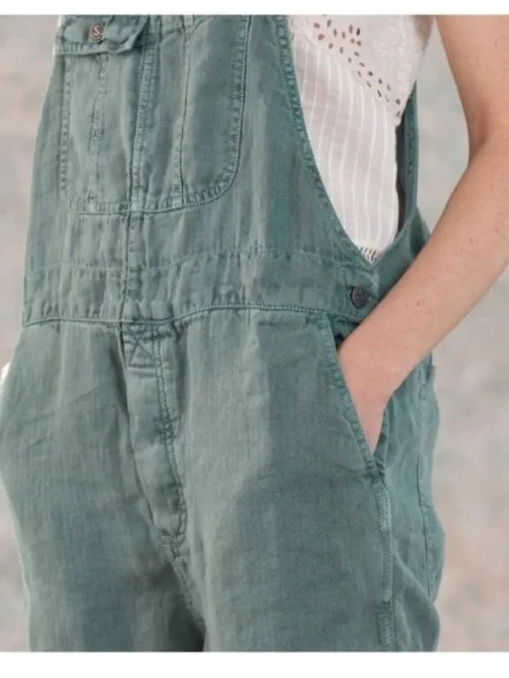Sundance Catalog Hannah Linen Overalls Sz Large Petite Soft Turquoise Green - Picture 4 of 8